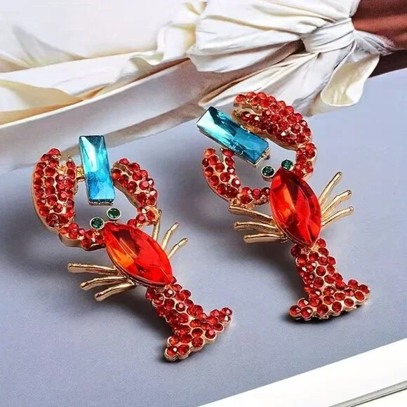 Colorful Red Lobster Rhinestone Statement Dangle Earrings (BRAND-NEW & SO CUTE!) - Picture 2 of 4